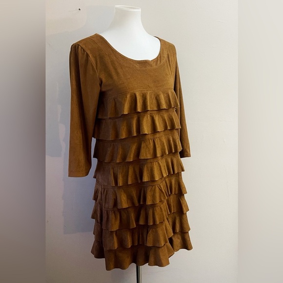 Isle by Meliz Kozan Faux Suede Chic Tiered Long Sleeve Dress  Brown Boho Fall - Picture 3 of 6